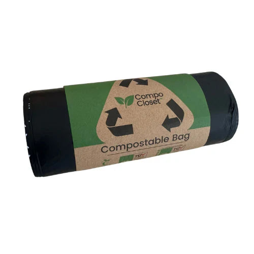 Compo Closet Australia compostable bags roll with eco-friendly biodegradable material, suitable for kitchen waste disposal.