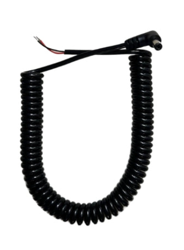 Close-up of a flexible, black stretchy power cable from Compo Closet Australia showing its coiled design and connectors.